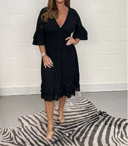 Lace Eyelet V-Neck Smocked Waist Tiered Ruffle Sleeve Fit and Flare Midi Dress