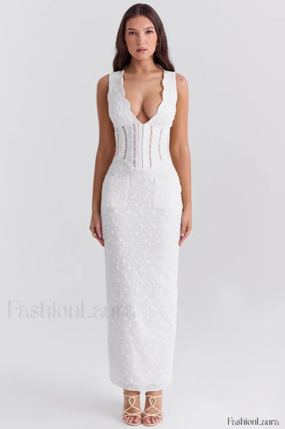 Sophina English Embroidery Charming Deep V Maxi Dress