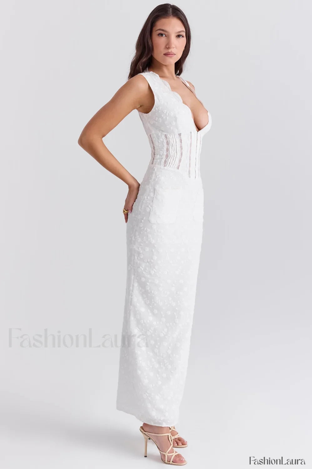 Sophina English Embroidery Charming Deep V Maxi Dress