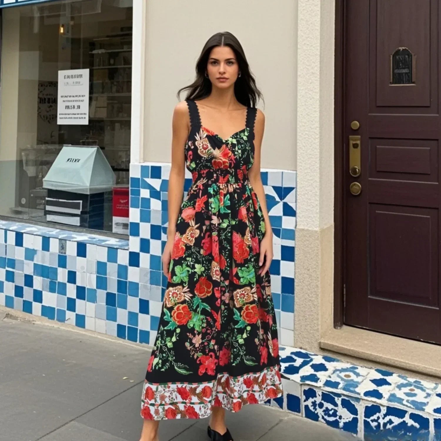 Spaghetti Strap V Neck Floral Maxi Dress Ruffled Straps Floral Dress Black / XS