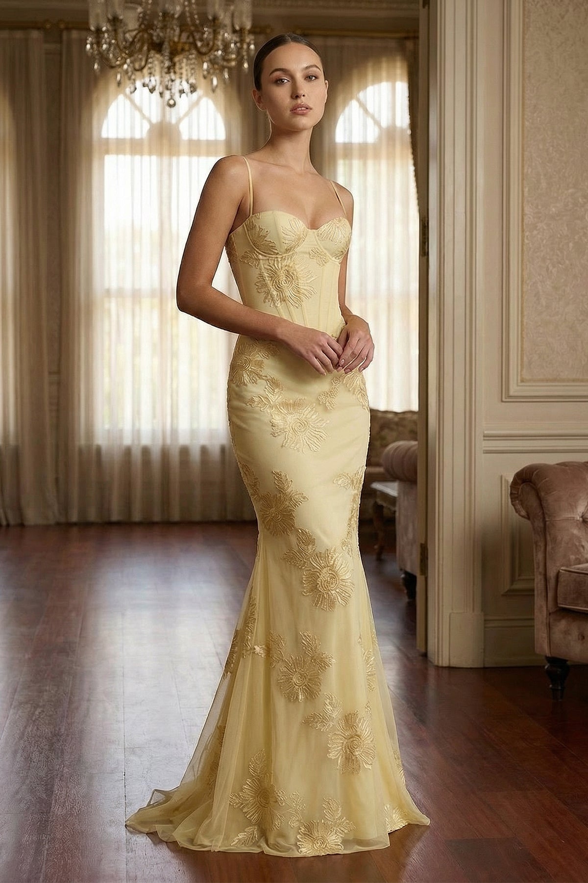 Floral Appliqué Corset Mermaid Maxi Gown Prom