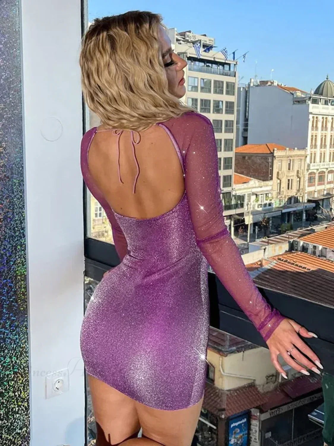 Sparkling Mesh Wrap Mini Dress - View 8