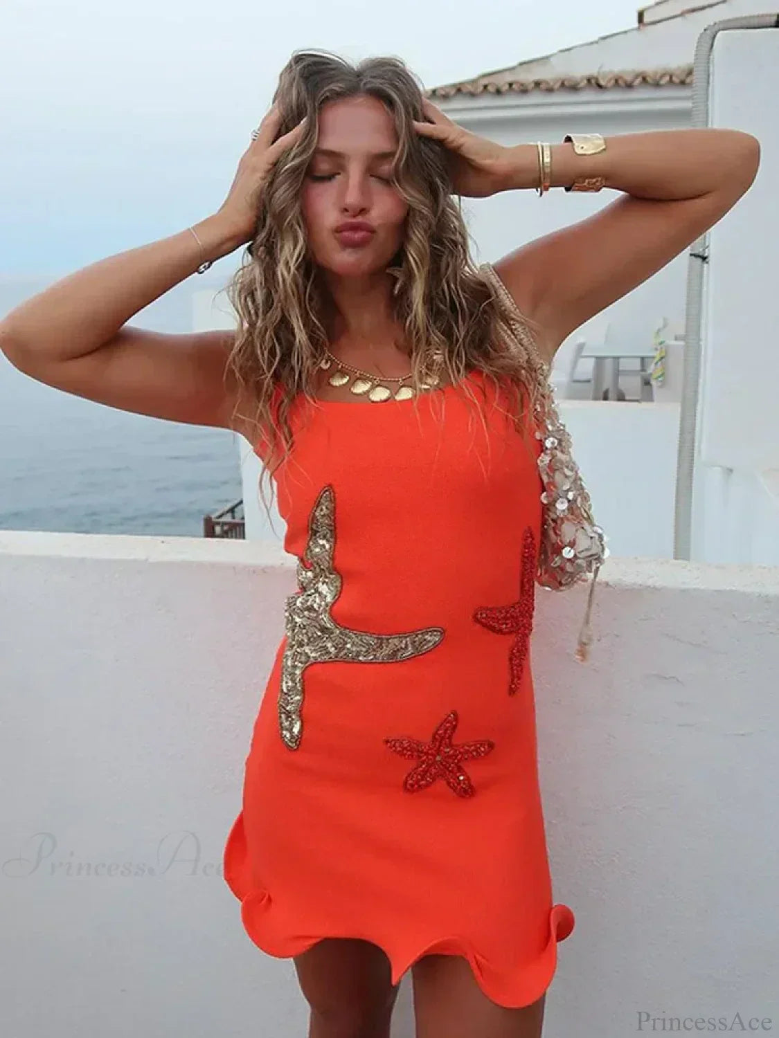 Sequin Starfish Square Neck Sleeveless Bodycon Mini Dress