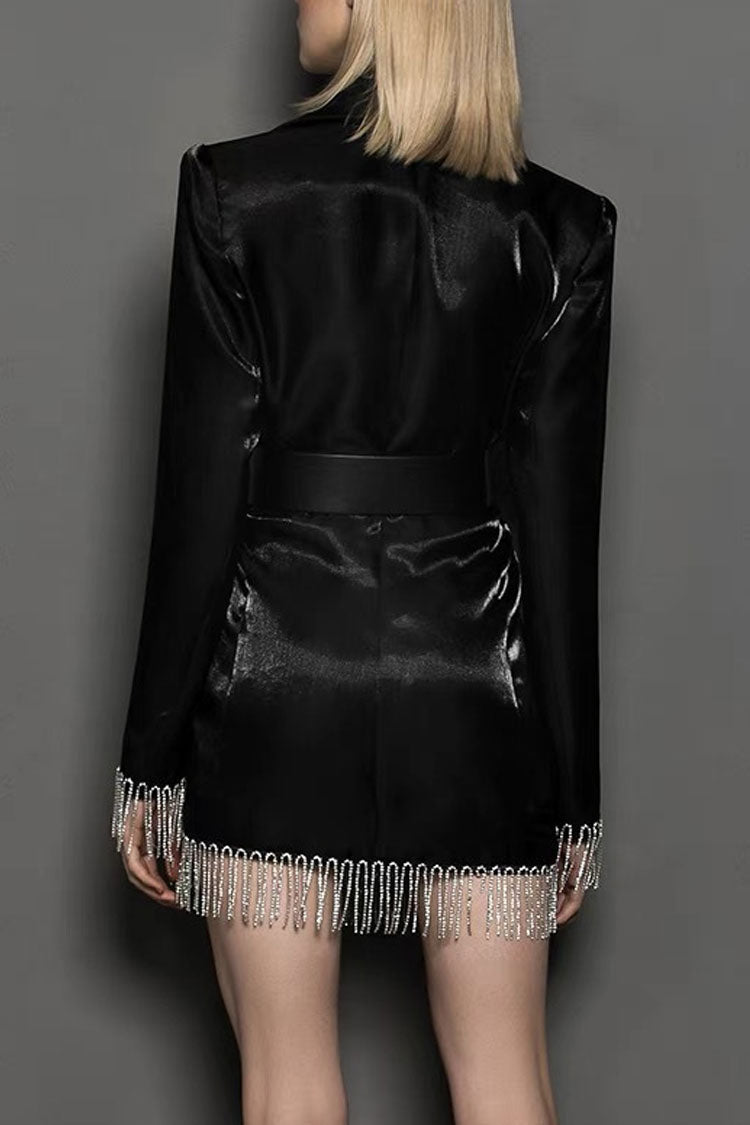 Sparkly Belted Fringe Trim Long Sleeve Blazer Mini Dress - Black - View 3
