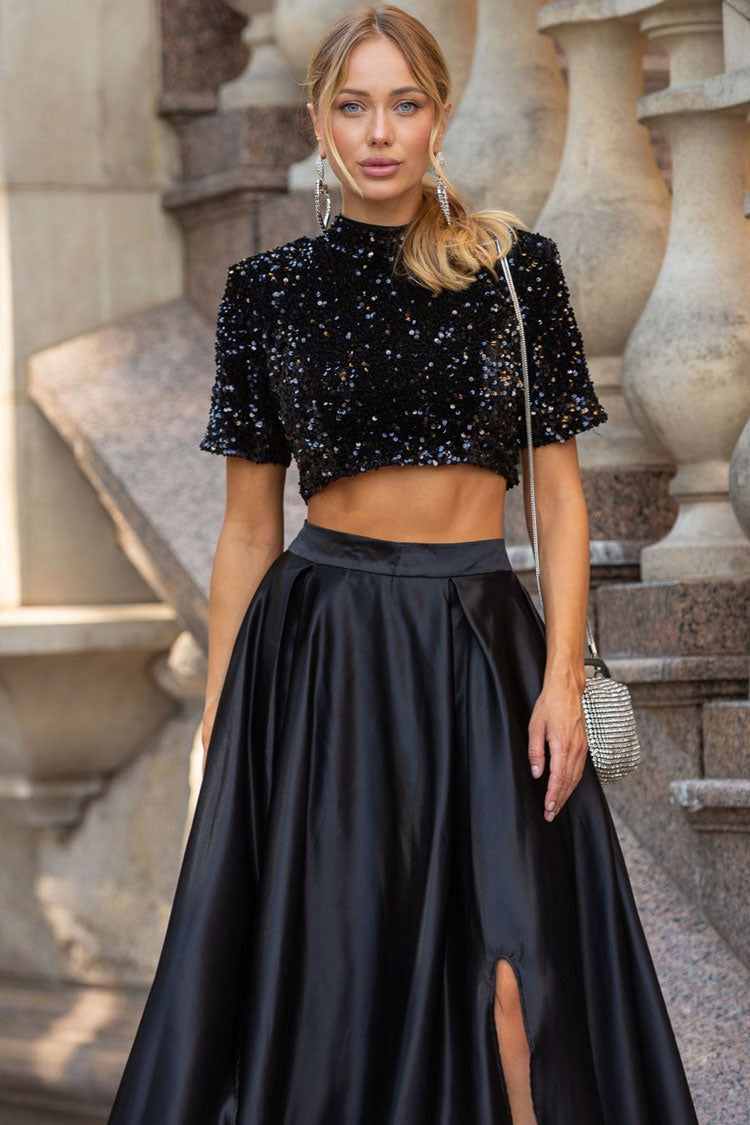 Sequin Crop Top Satin High Split Maxi Two Piece Set