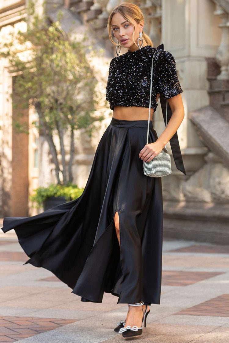 Sequin Crop Top Satin High Split Maxi Two Piece Set