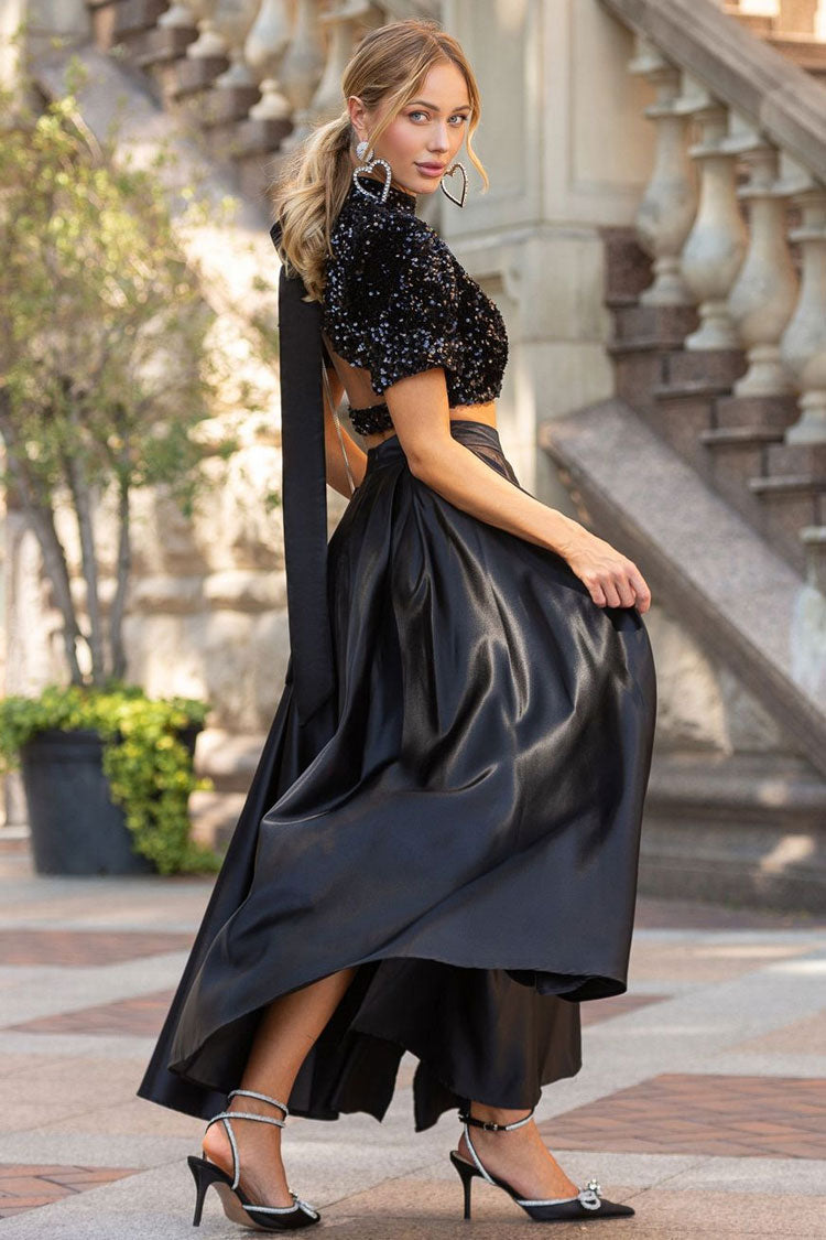 Sequin Crop Top Satin High Split Maxi Two Piece Set