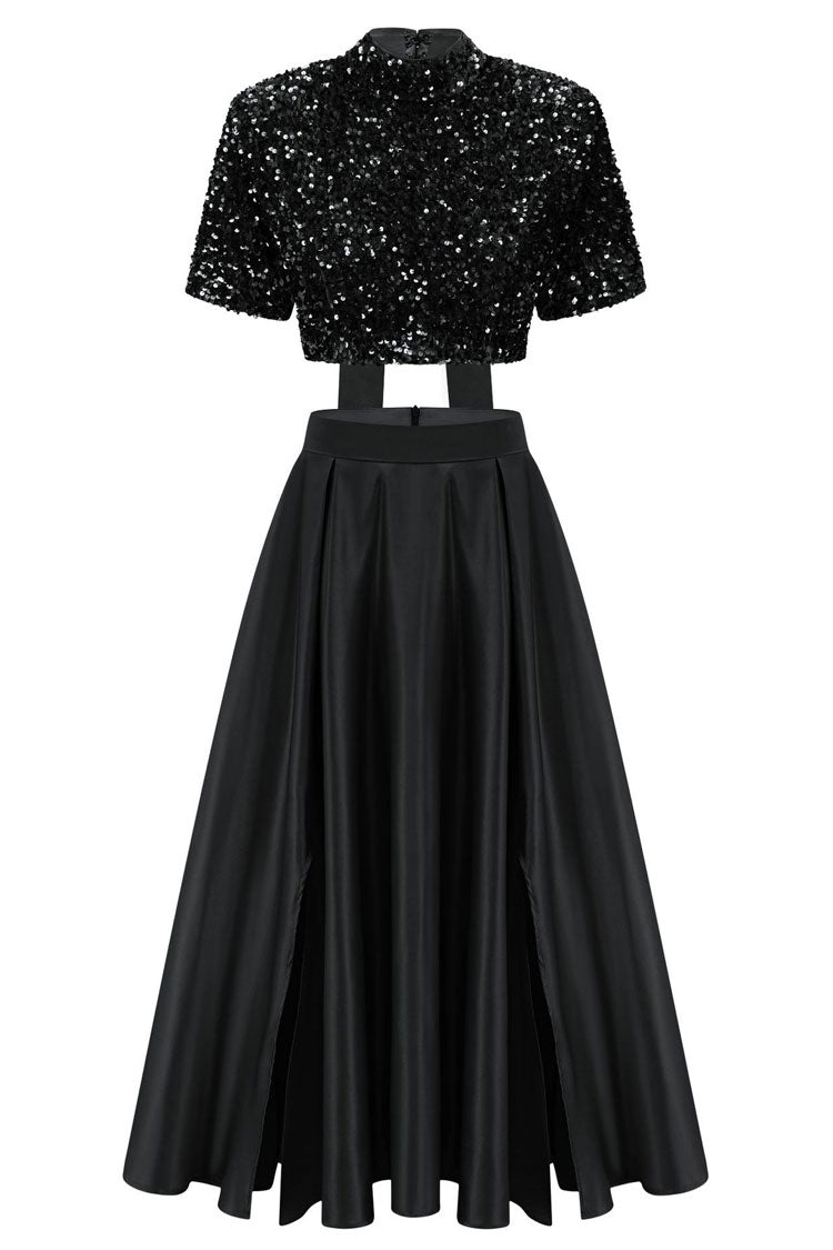 Sequin Crop Top Satin High Split Maxi Two Piece Set
