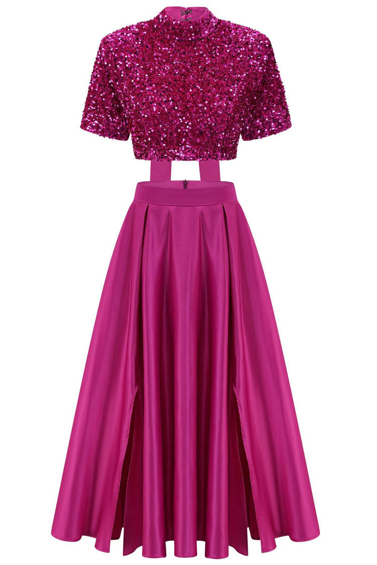 Sequin Crop Top Satin High Split Maxi Two Piece Set