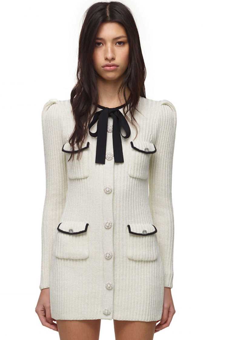 Sparkly Button Long Sleeve Winter Lurex Sweater Mini Dress - White - View 2