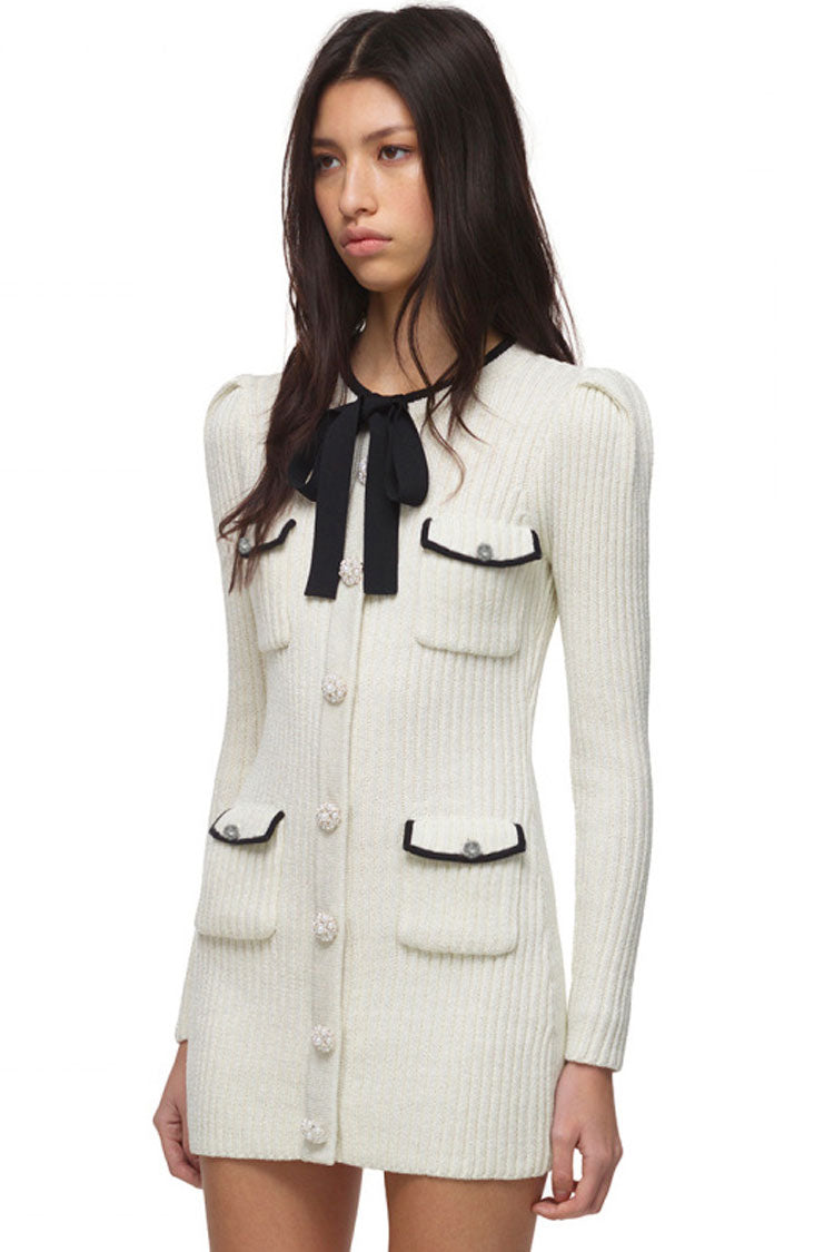 Sparkly Button Long Sleeve Winter Lurex Sweater Mini Dress - White - View 3