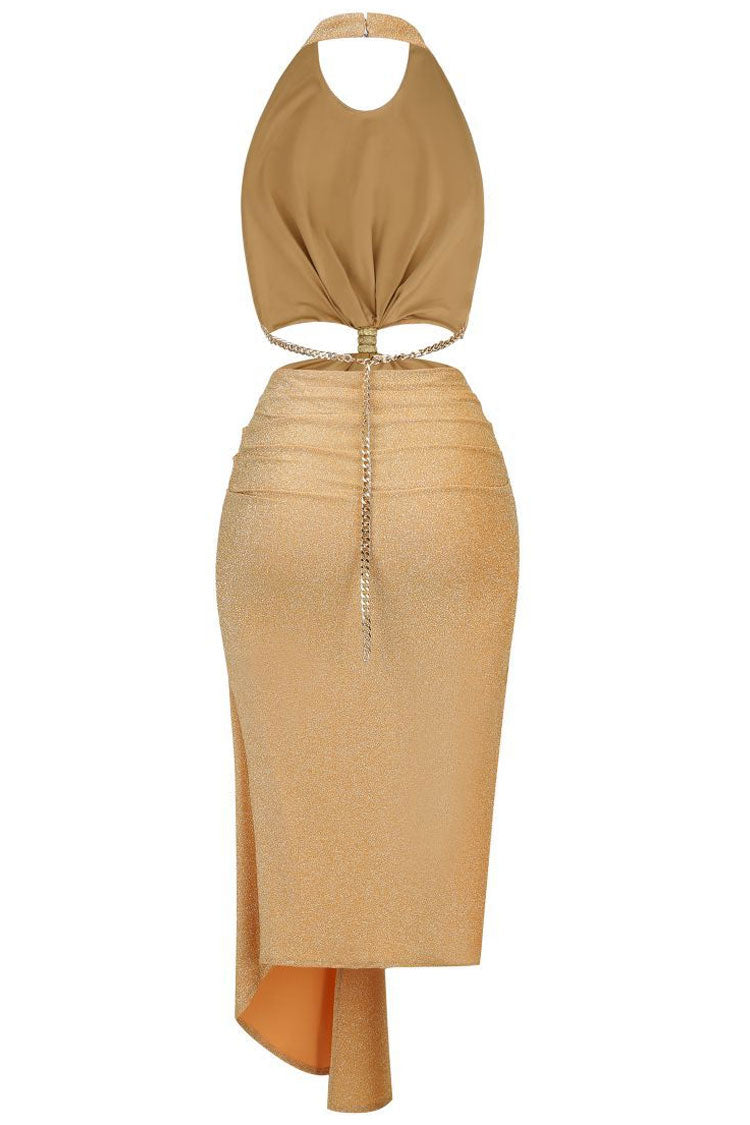 Halter Chain Link Cut Out Draped Midi Dress - View 4