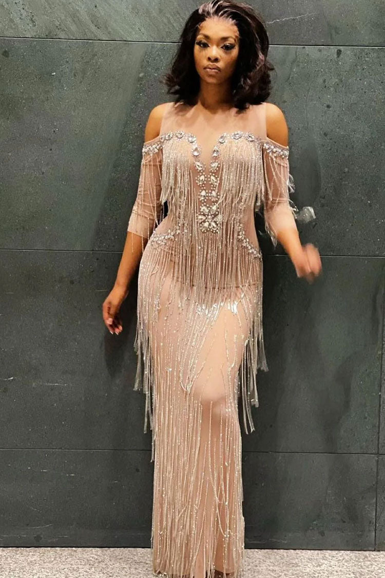 Rhinestone Beaded Fringe Cold Shoulder Sheer Mesh Maxi Evening Dress