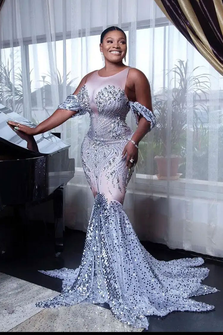 Rhinestone Off Shoulder Illusion Mermaid Fishtail Gown