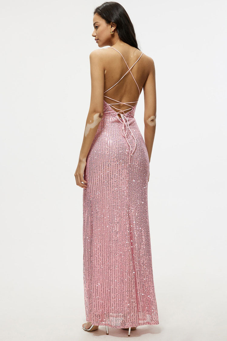 Sequin Cowl Neck Spaghetti Strap High Split Maxi Dress