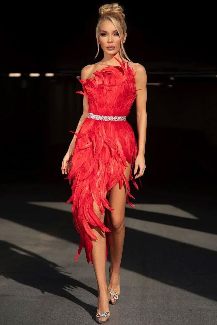 Feather Strapless Rhinestone Belt High Split Asymmetric Midi Dress