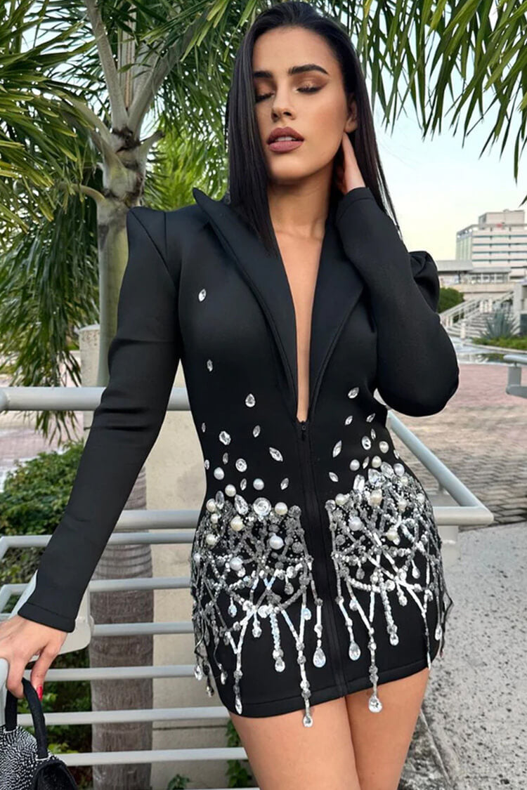 Sparkly Crystal Sequin Fringe Peak Lapel Zip Up Cinched Waist Party Blazer Mini Dress