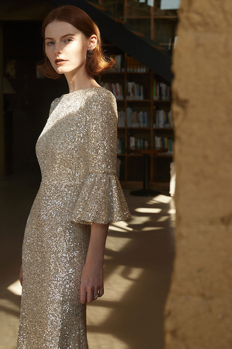 Sequin Boat Neck Bell Sleeve Fishtail Mermaid Gown