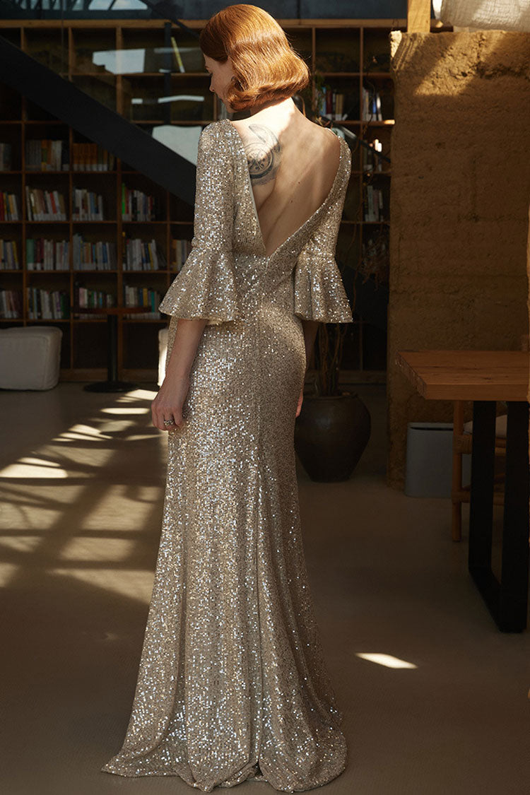 Sequin Boat Neck Bell Sleeve Fishtail Mermaid Gown