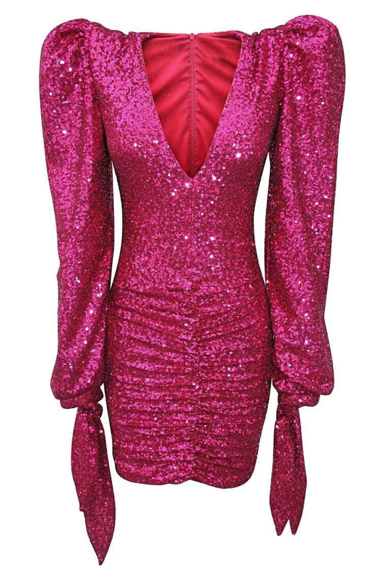 Sequin Deep V-Neck Puff Sleeve Bodycon Mini Party Dress