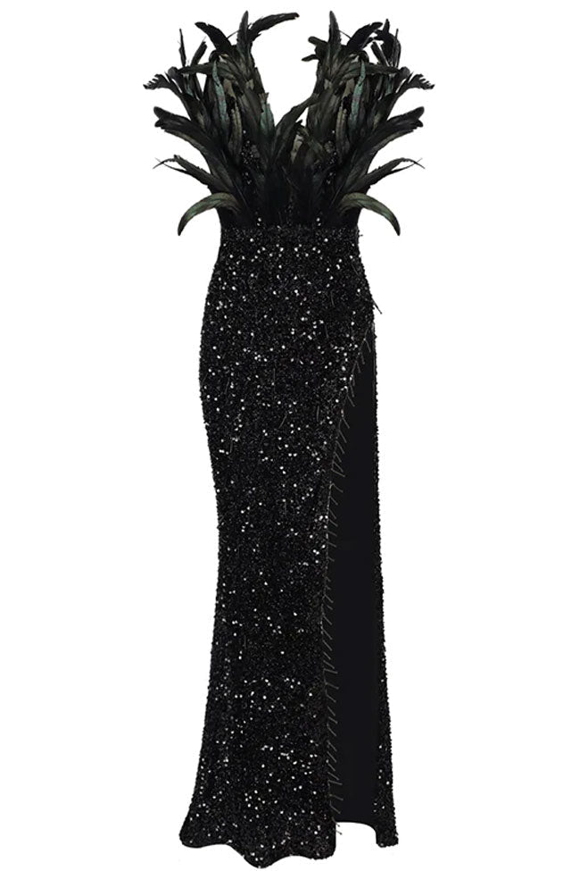 Sequin Deep V-Neck Feather Trim High Split Mermaid Maxi Dress