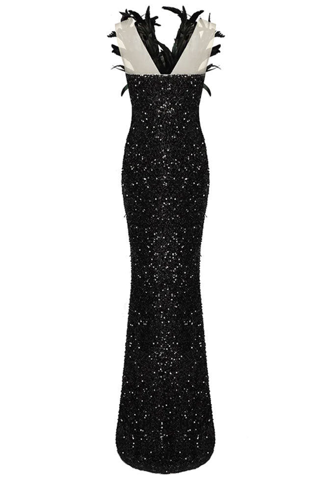 Sequin Deep V-Neck Feather Trim High Split Mermaid Maxi Dress