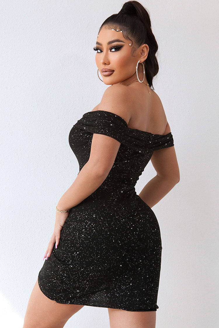 Glitter Off Shoulder Sweetheart Ruched Bodycon Party Mini Dress