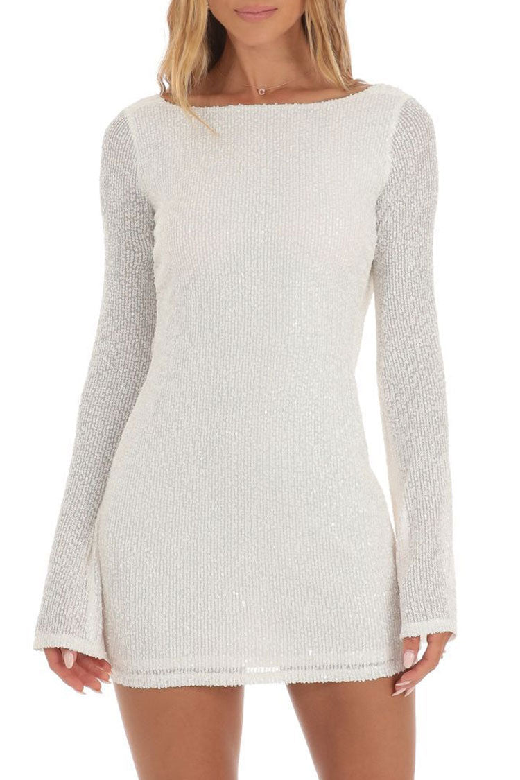 Sequin Boat Neck Long Sleeve Backless Bodycon Mini Party Dress