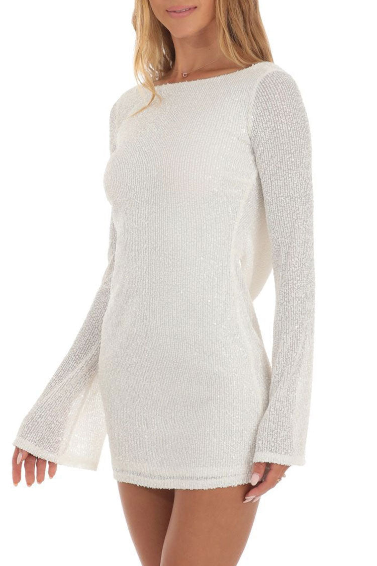 Sequin Boat Neck Long Sleeve Backless Bodycon Mini Party Dress