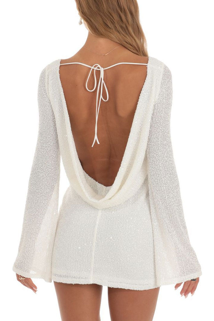 Sequin Boat Neck Long Sleeve Backless Bodycon Mini Party Dress