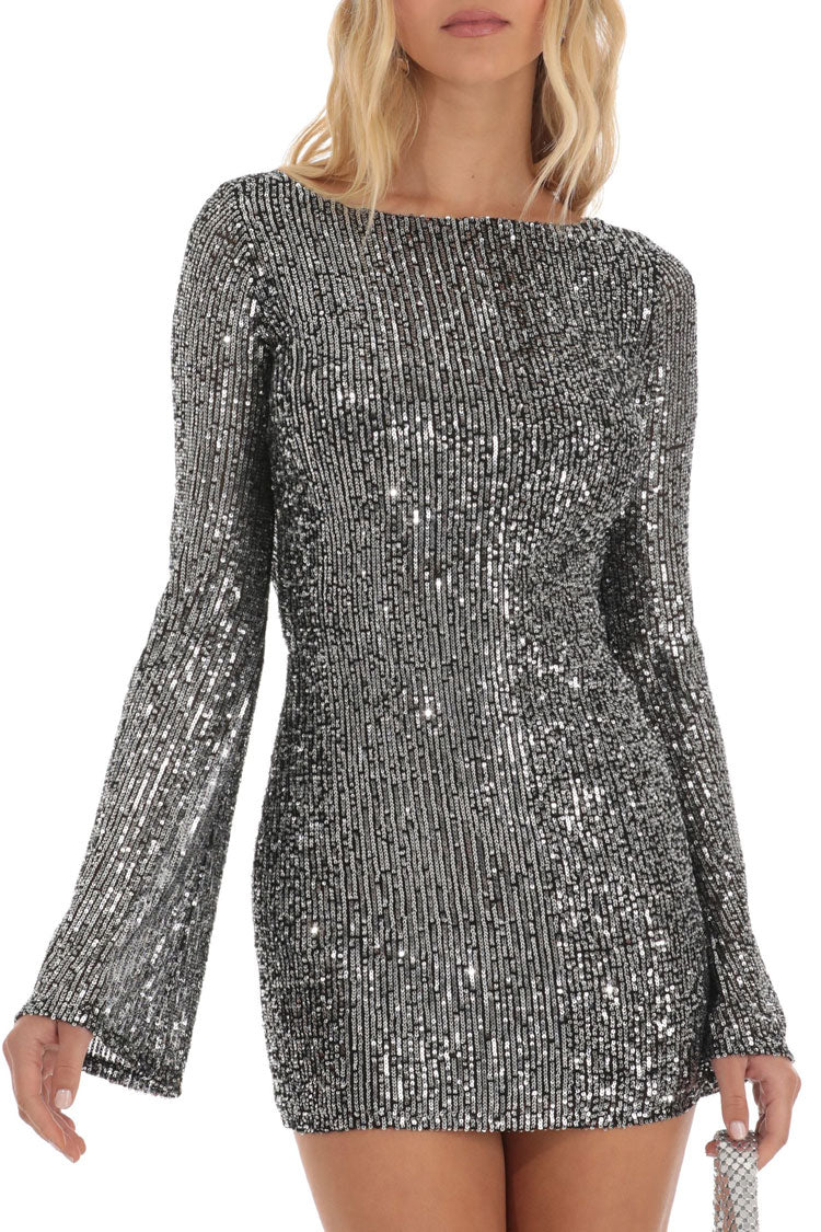 Sequin Boat Neck Long Sleeve Backless Bodycon Mini Party Dress