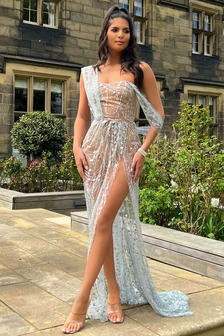 Sequin One Shoulder Draped Sheer High Split Mermaid Maxi Dress