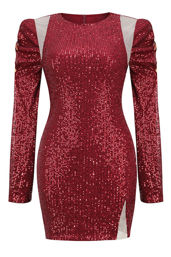 Round Neck Long Sleeve Cut Out Sequin Bodycon Mini Dress