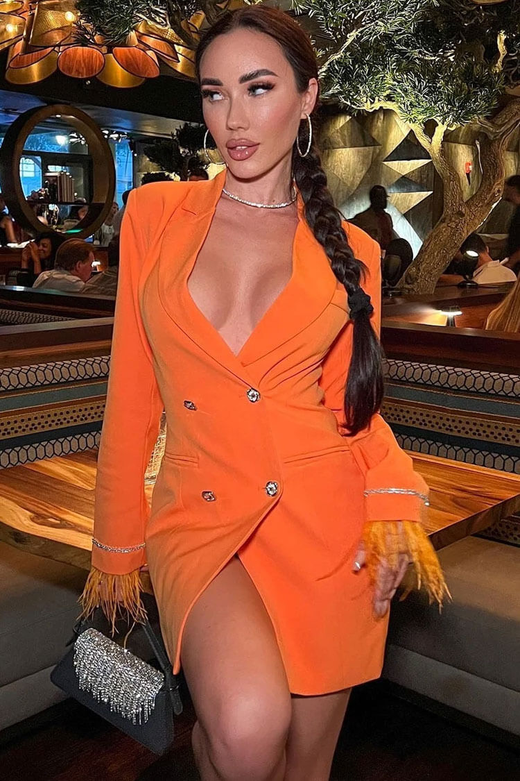 Sparkly Feather Trim Long Sleeve Blazer Mini Dress - Orange - View 2