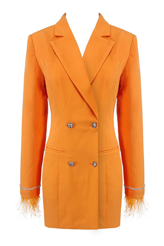 Sparkly Feather Trim Long Sleeve Blazer Mini Dress - Orange - View 4