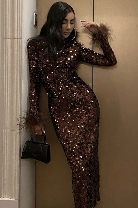 Mock Neck Long Sleeve Feather Trim Sequin Bodycon Midi Dress
