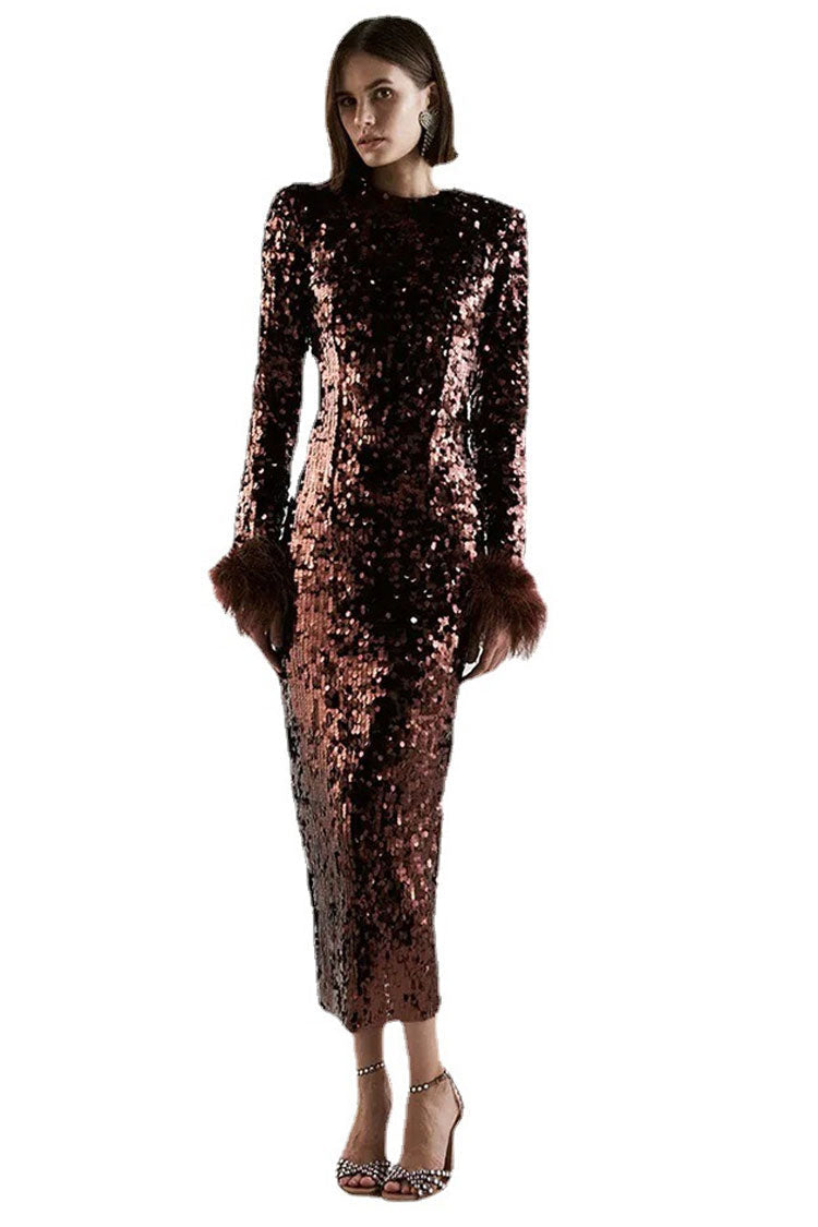 Mock Neck Long Sleeve Feather Trim Sequin Bodycon Midi Dress