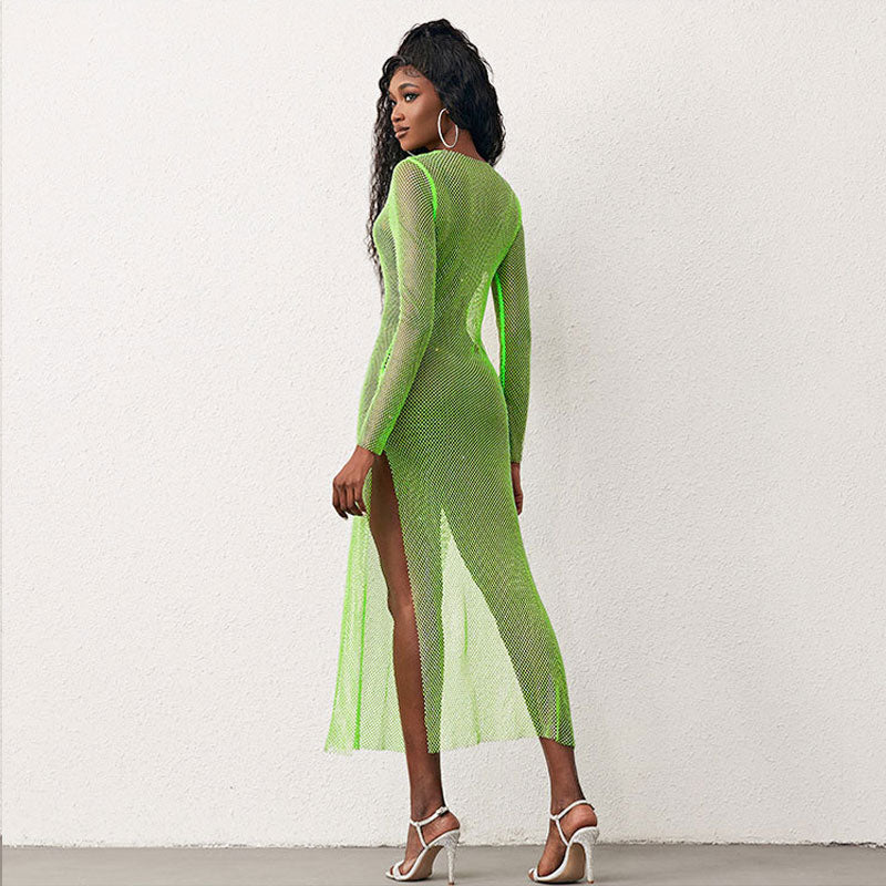 Rhinestone Fishnet Crew Neck Long Sleeve High Split Sheer Midi Dress 2