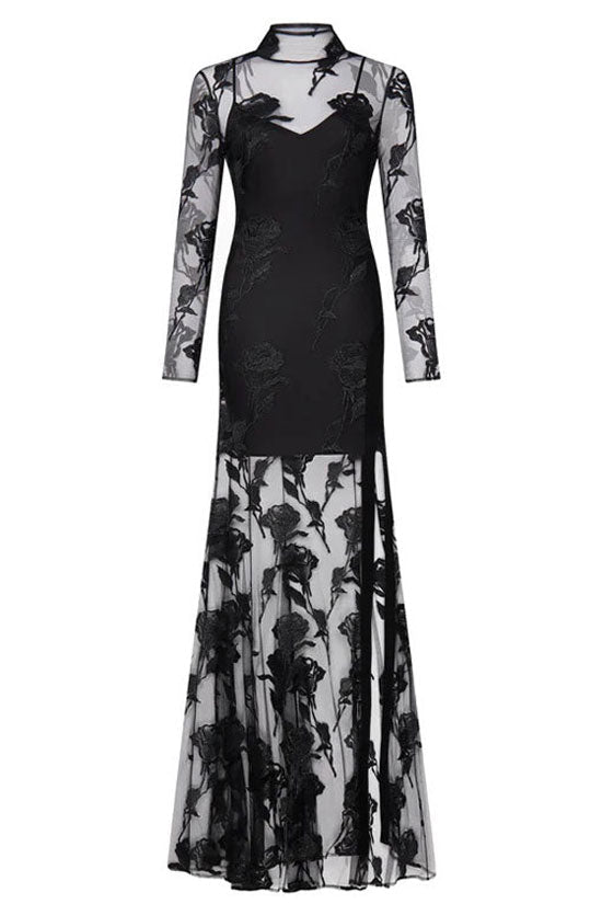 Floral High Neck Long Sleeve Sheer Mesh High Split Maxi Dress