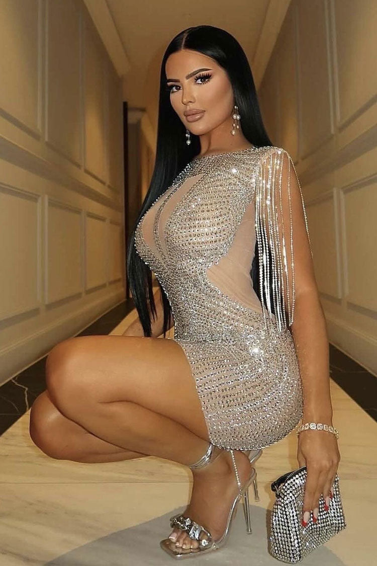 Sparkly Fringe Sleeve Semi Sheer Mesh Rhinestone Party Mini Dress - Silver 3