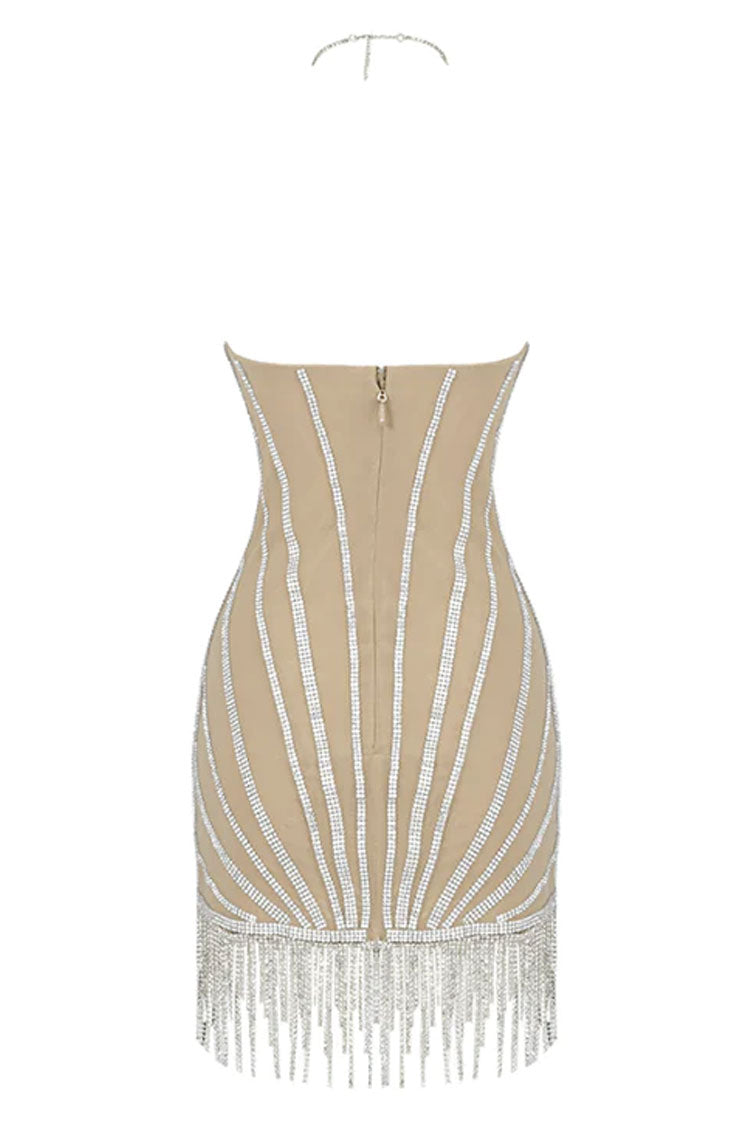 Halter Rhinestone Fringe Trim Mini Party Dress