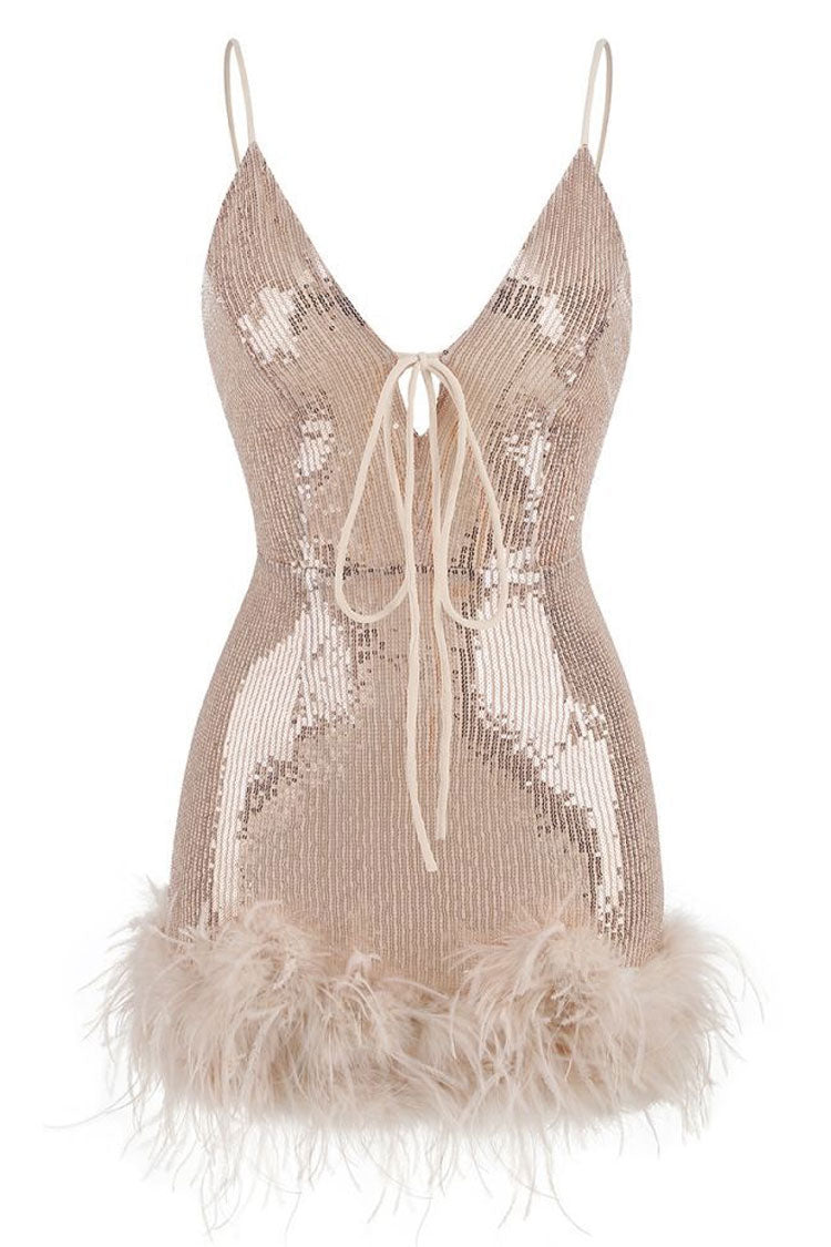 Sequin Deep V-Neck Lace Up Feather Trim Mini Dress