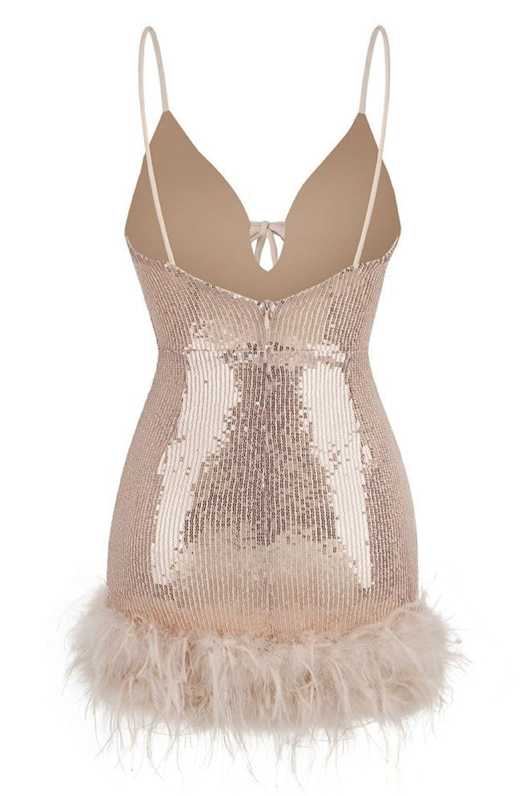 Sequin Deep V-Neck Lace Up Feather Trim Mini Dress