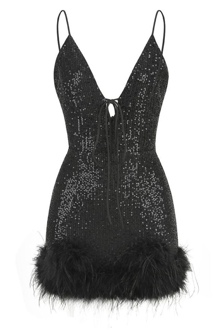 Sequin Deep V-Neck Strappy Feather Trim Bodycon Mini Dress