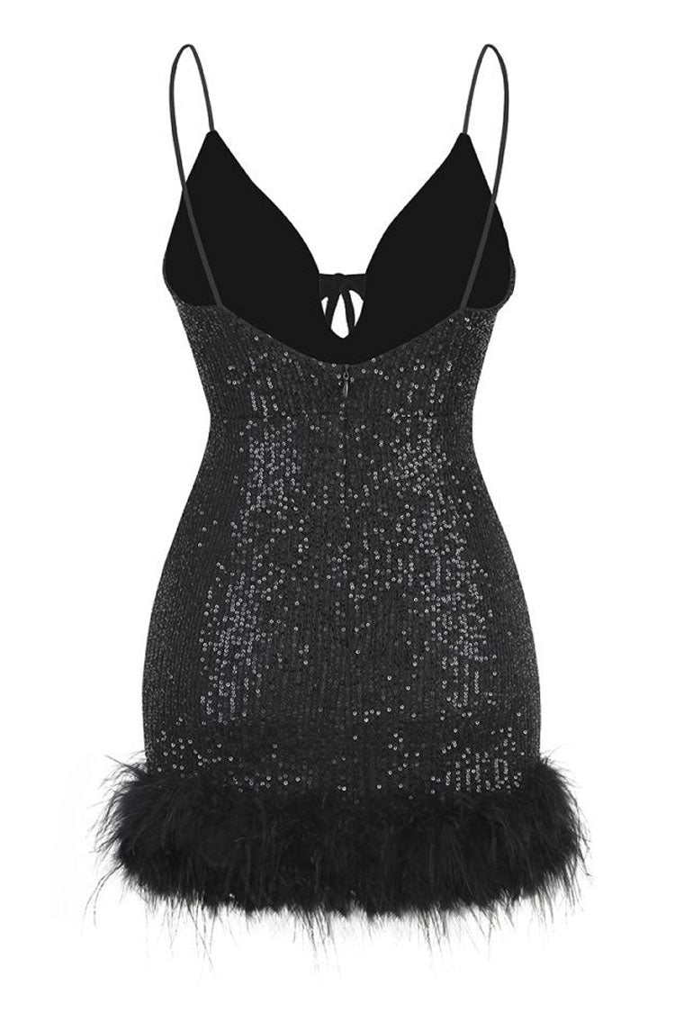 Sequin Deep V-Neck Strappy Feather Trim Bodycon Mini Dress