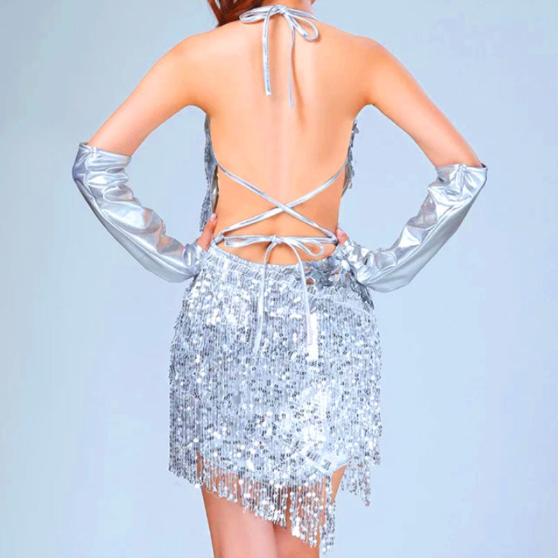Sequin Deep V-Neck Backless Tassel Fringe Bodycon Mini Party Dress