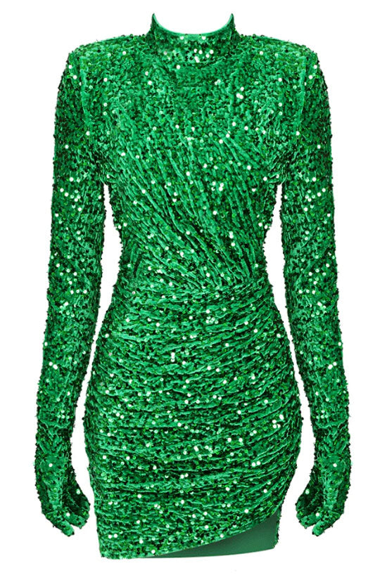 Velvet Sequin High Neck Long Sleeve Ruched Bodycon Mini Dress