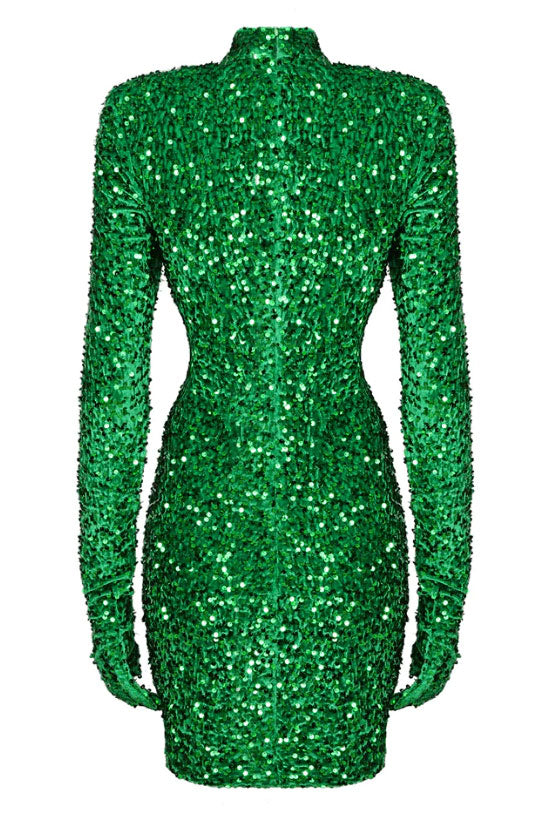Velvet Sequin High Neck Long Sleeve Ruched Bodycon Mini Dress