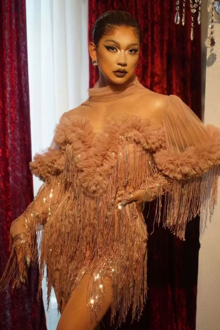 Sequin High Neck Fringe Mini Dress