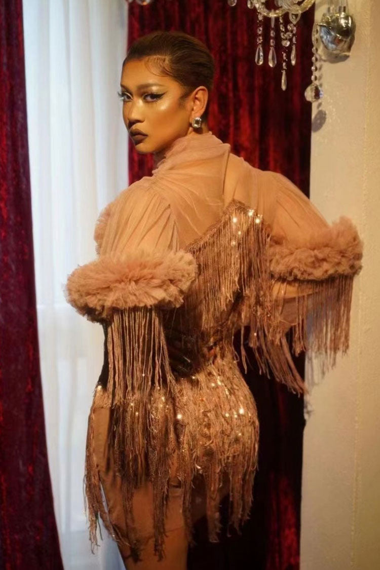 Sequin High Neck Fringe Mini Dress